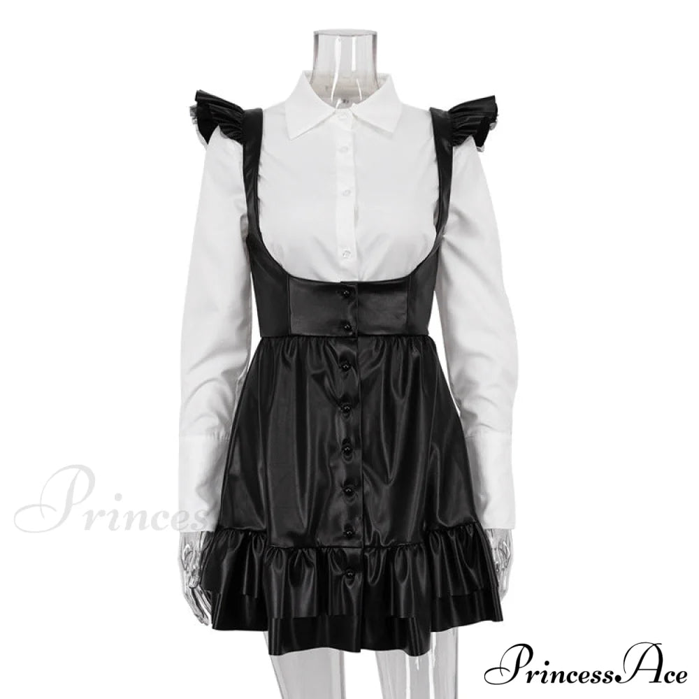 Black-White Contrast Long-Sleeve Skirt Suit