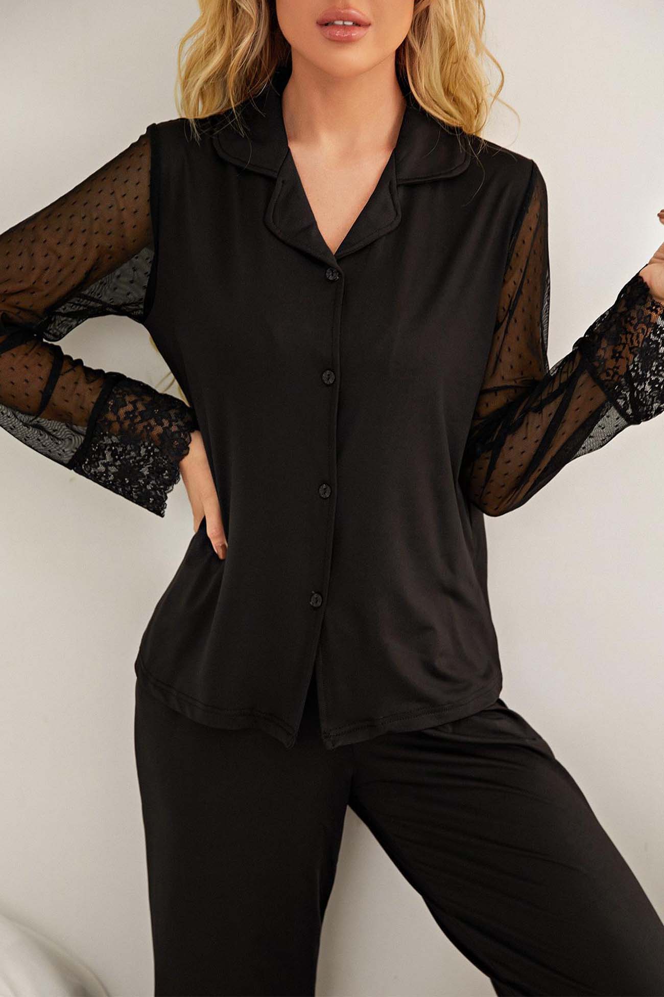 Annabelle | Mesh lace long sleeve pajama set