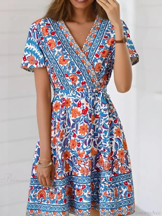 Blue Floral Print Cross V-neck Wrap Summer Mini Boho Dress