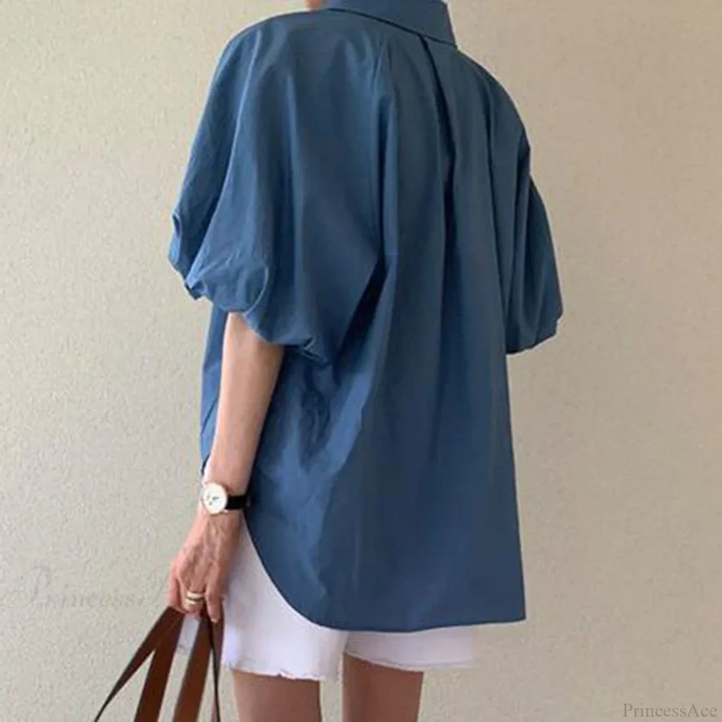 Blue Puff Sleeve Casual Loose Summer Shirt