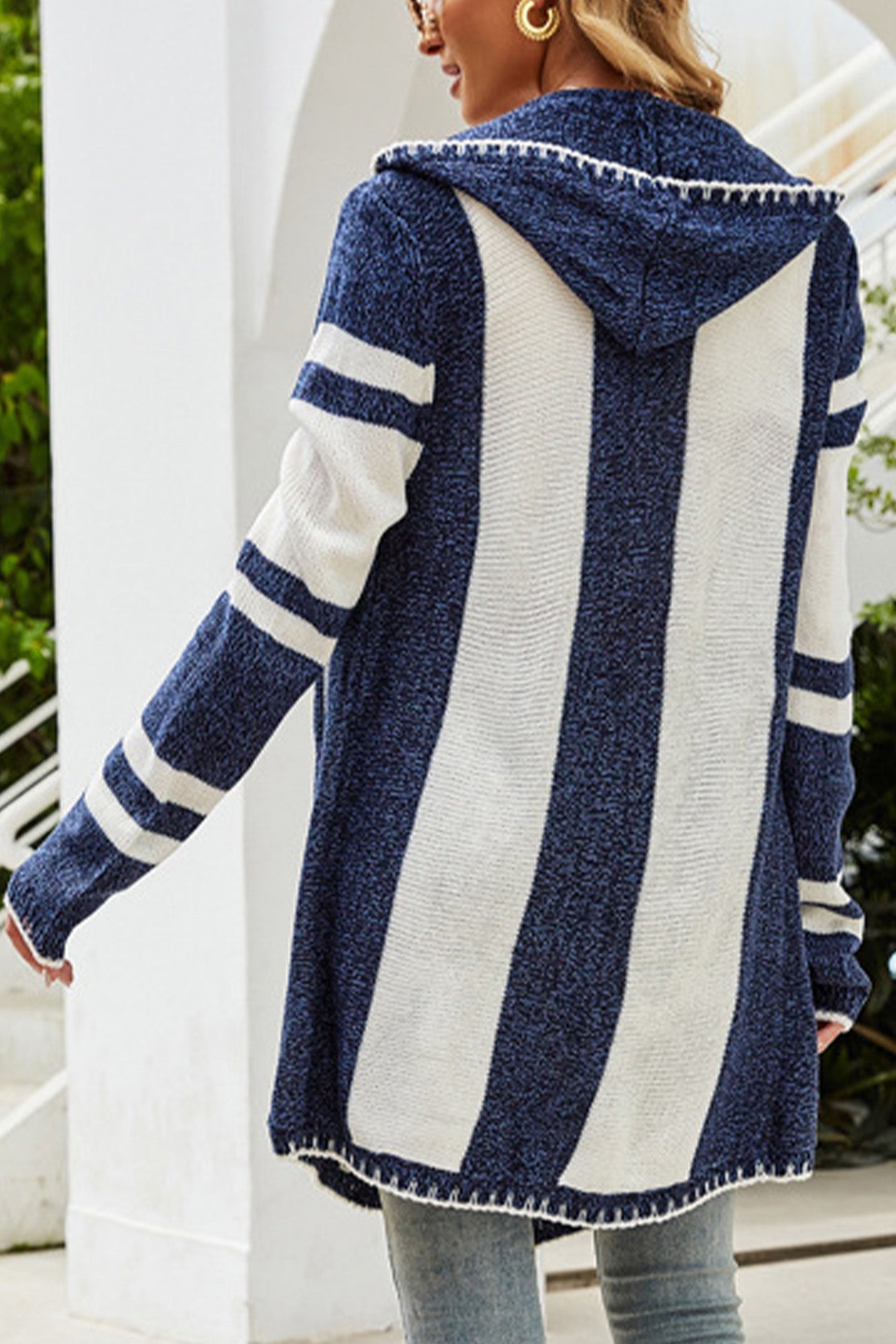 Carolin | Striped contrast irregular mid-length hooded cardigan