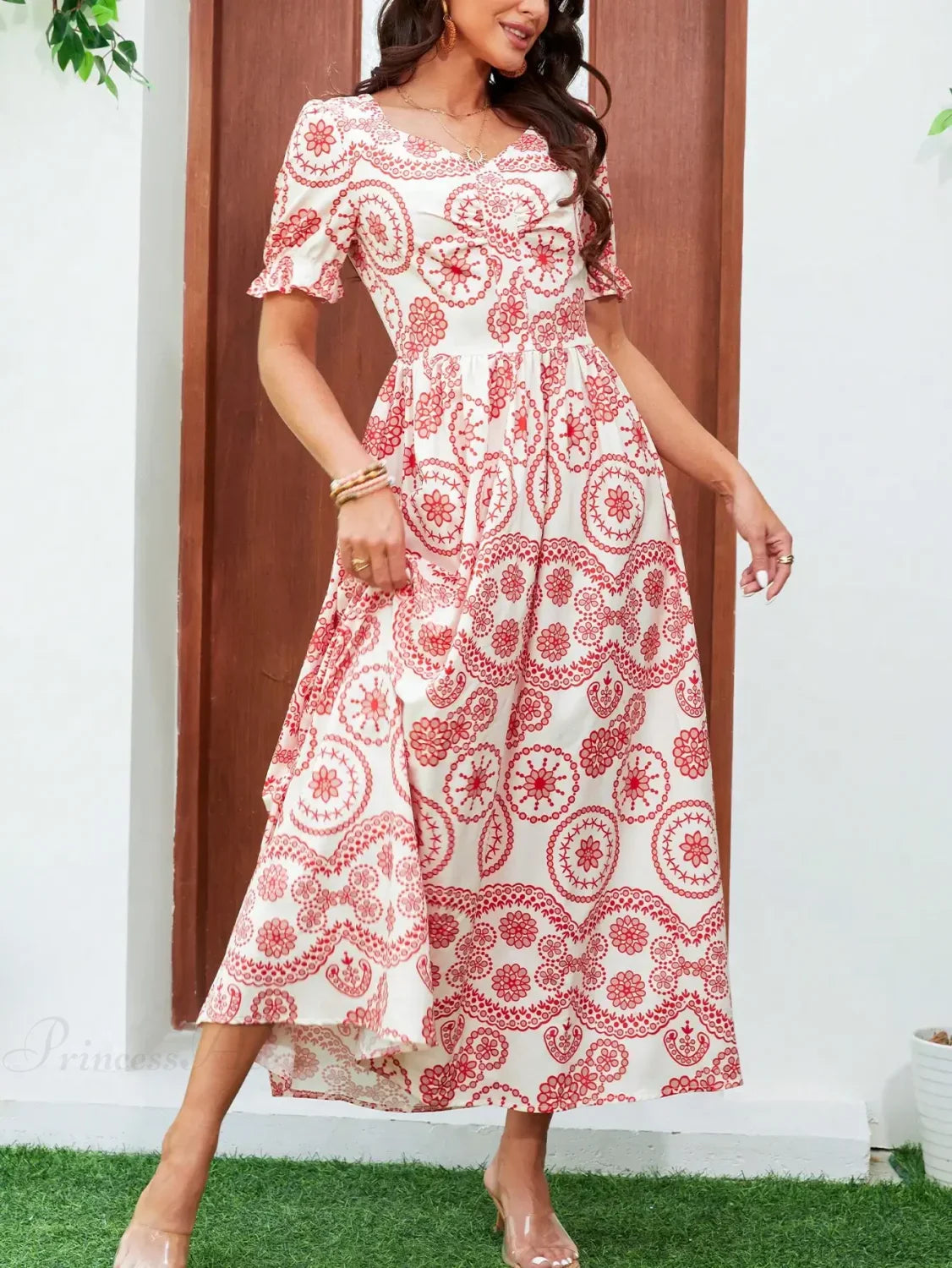 Bohemian High Waist Square Neck Floral Dress