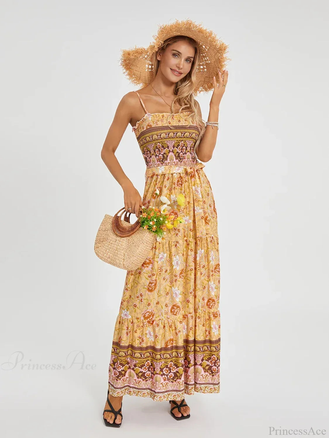 Boho Retro Floral Swing Spaghetti Straps Belted Long Floral Dress
