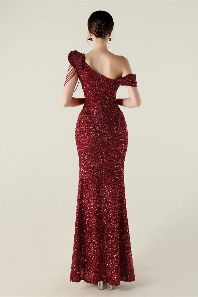 Draped One Shoulder Ruffle Formal Dress