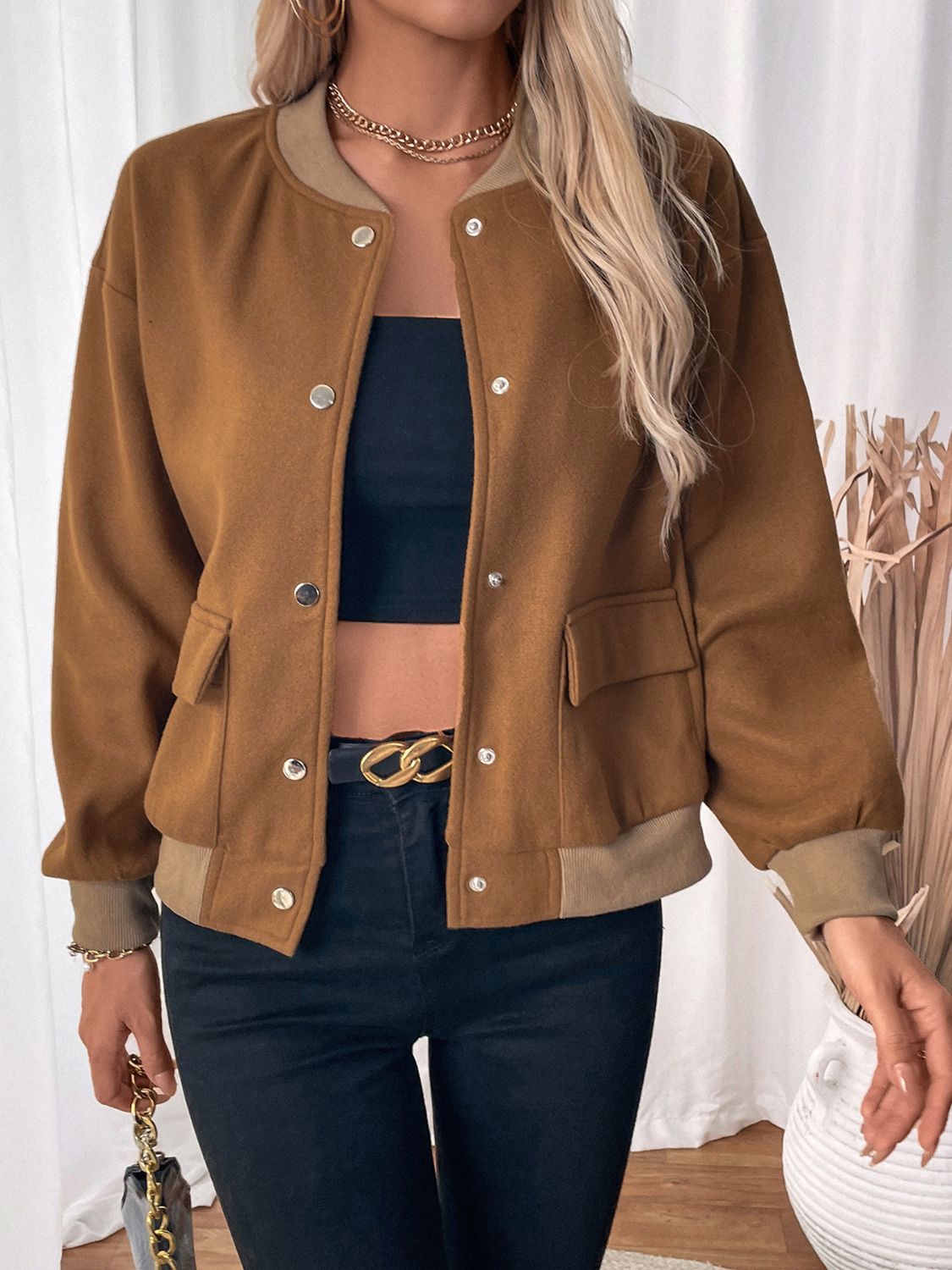 Araceli | Perfee Baseball Collar Snap Down Long Sleeve Jacket
