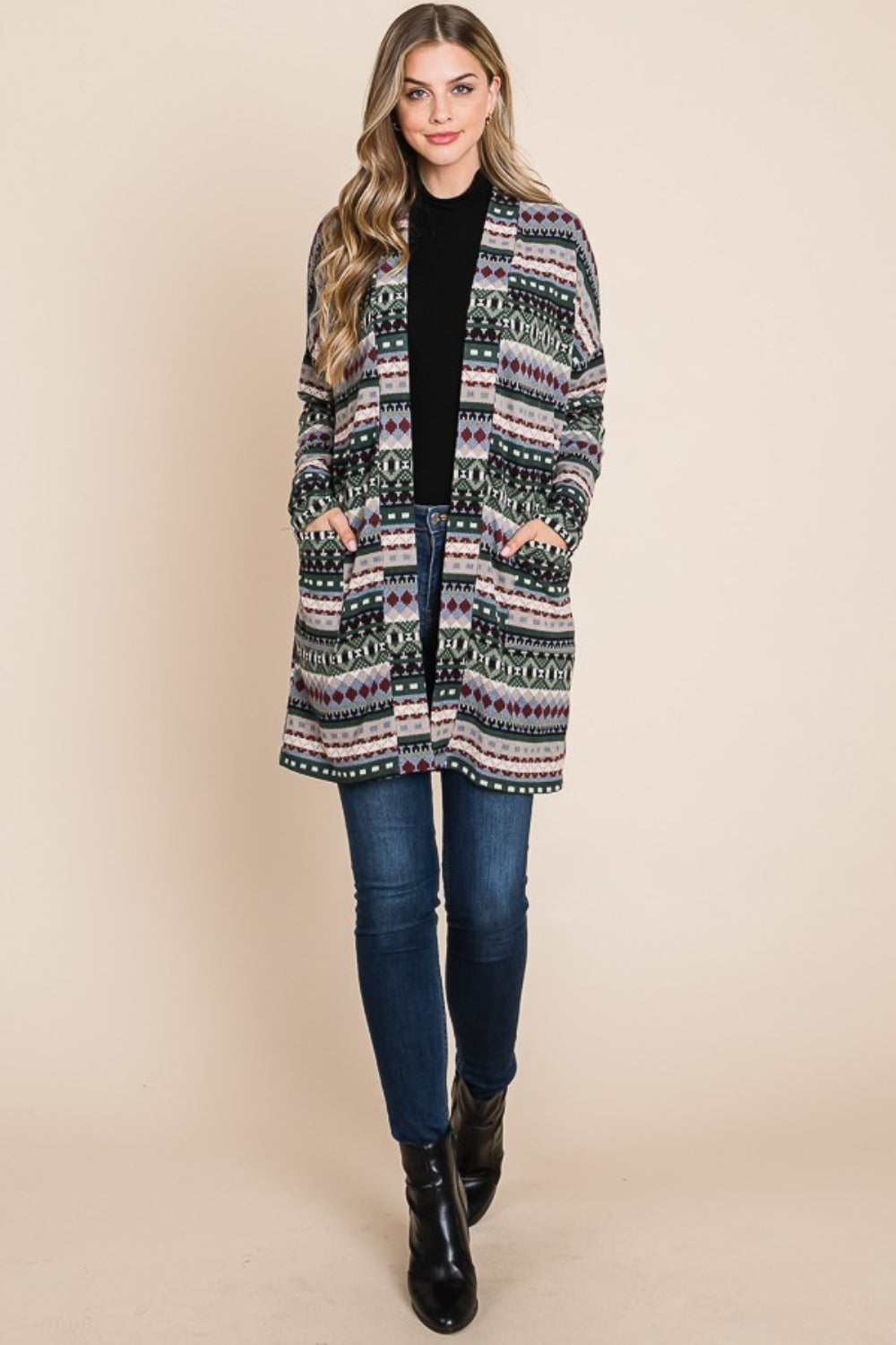 Lisette | Geometric open front long sleeve cardigan with pockets