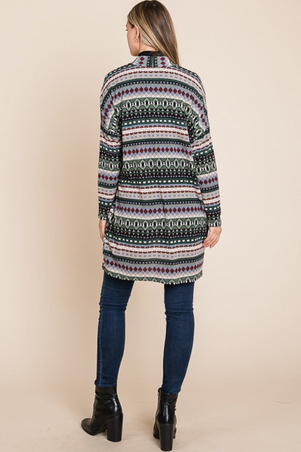 Lisette | Geometric open front long sleeve cardigan with pockets