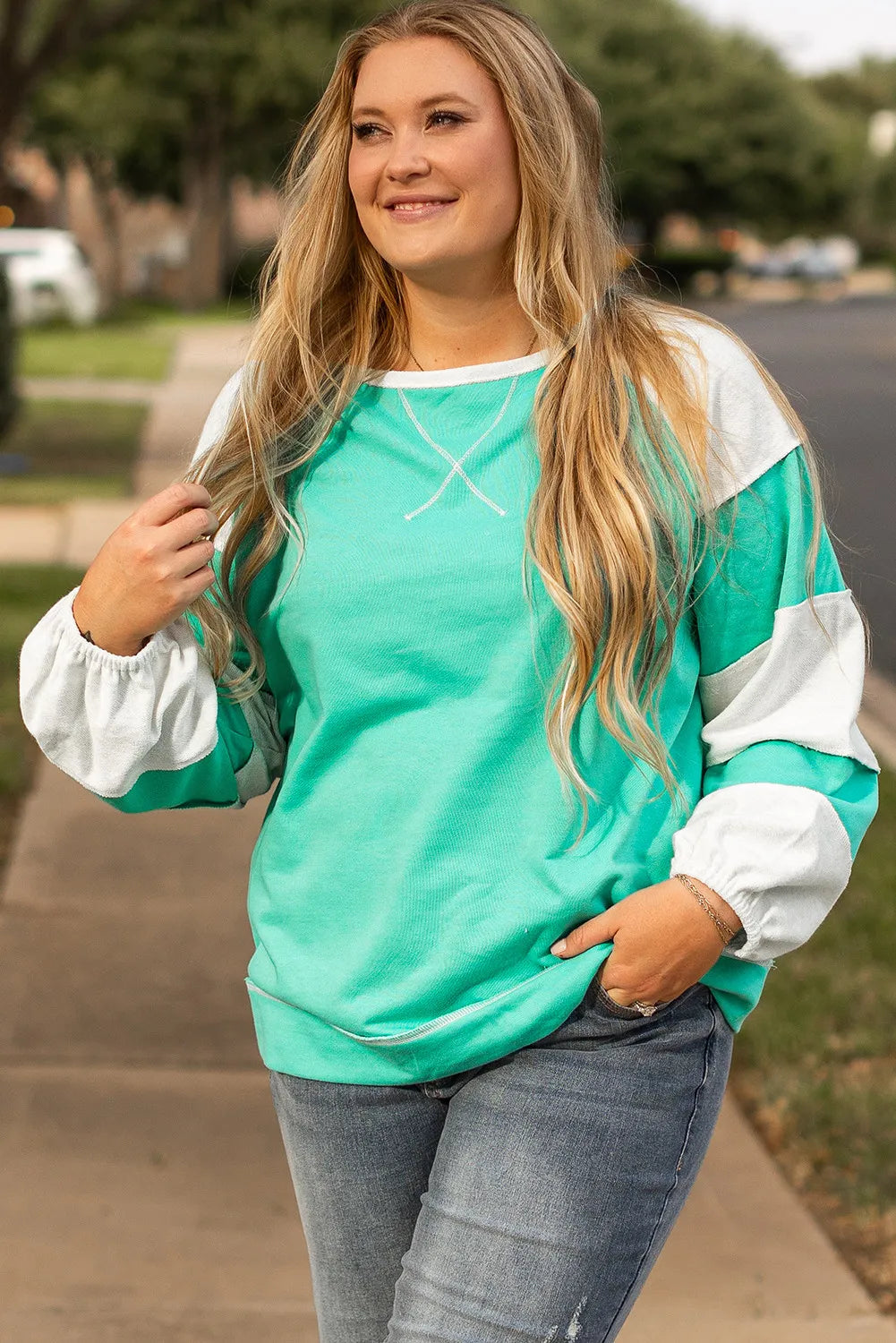 Elena | Plus size color block long sleeve sweatshirt with exposed seams