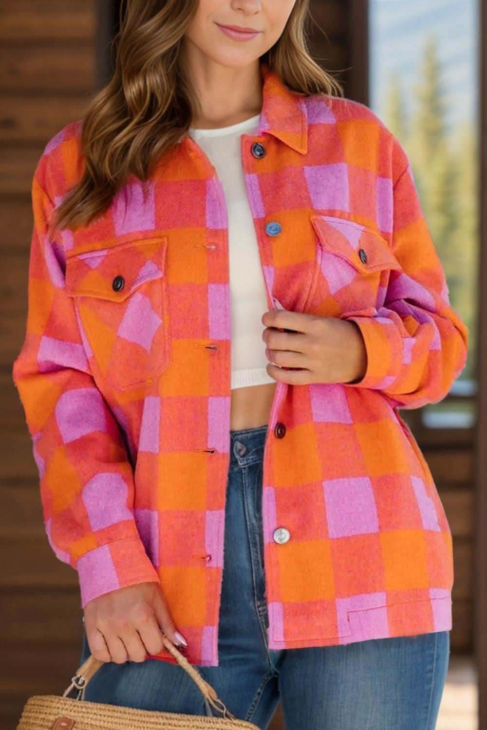 Adelina | Long sleeve jacket with a color block check pattern and buttons