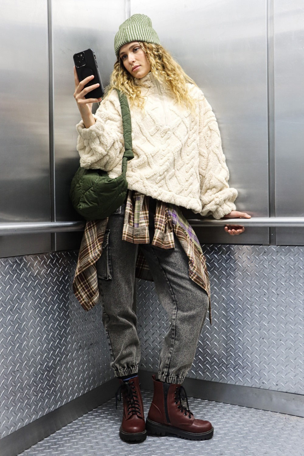 Lilian | Fluffy cable knit fleece half zip sweatshirt