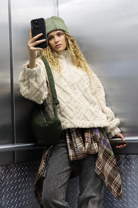 Lilian | Fluffy cable knit fleece half zip sweatshirt