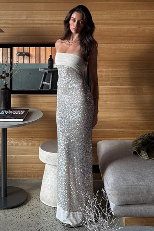Sexy Strapless Solid Color Slim Fit Long Sequin Prom Dress
