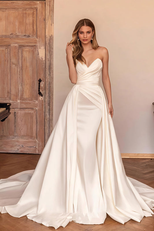 Satin Strapless Bodycon Detachable Train Wedding Dress