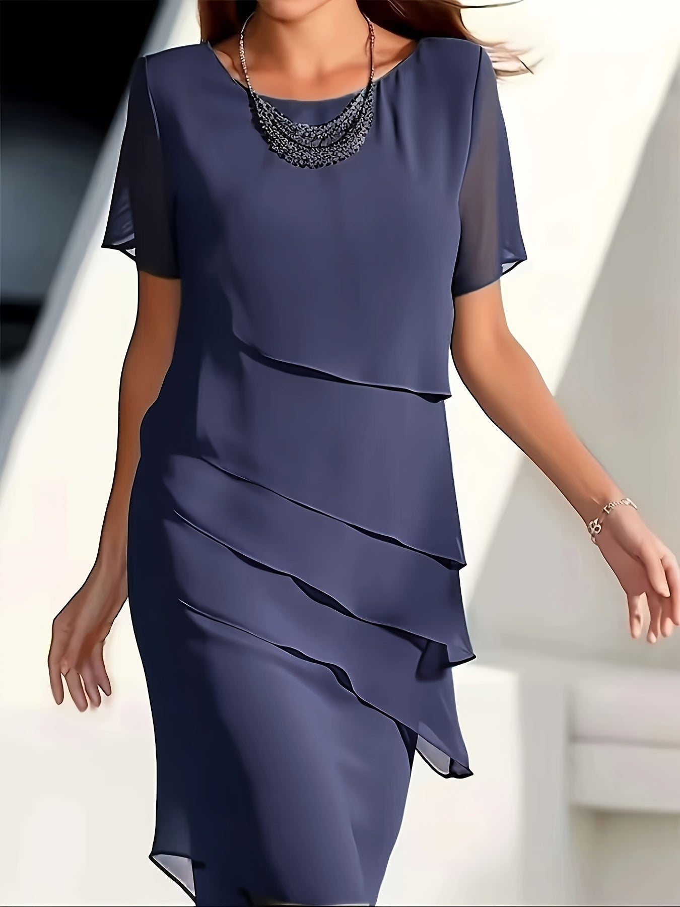 Cecilia® | Cotton Layered Trim Round Neck Short Sleeve Evening Dress For Women