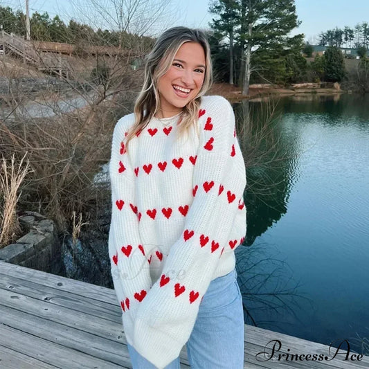 Casual Cozy Heart Print Loose O-neck Long Sleeve Stylish Warm Sweater