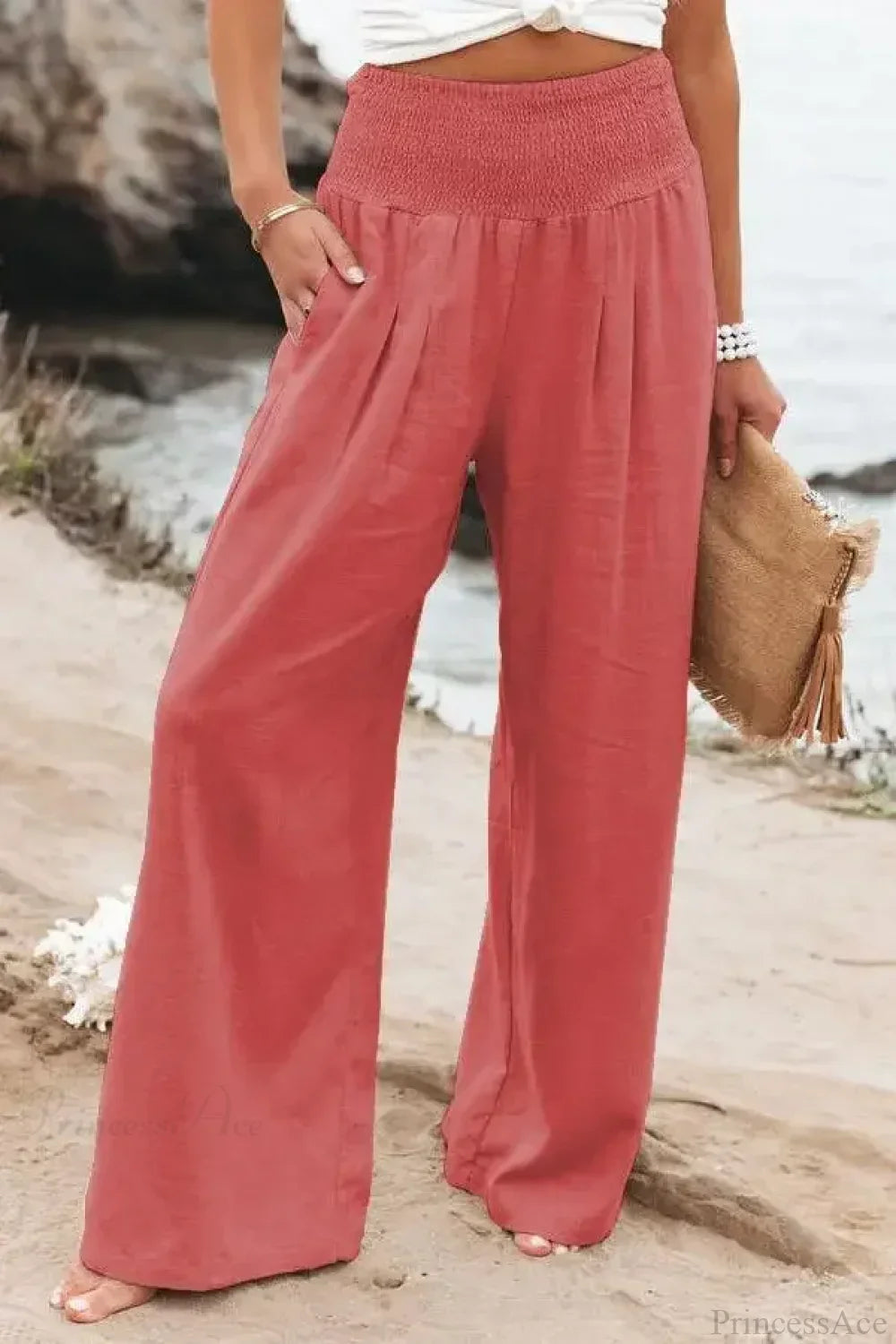 Casual Elastic Waist Linen Wide Pants