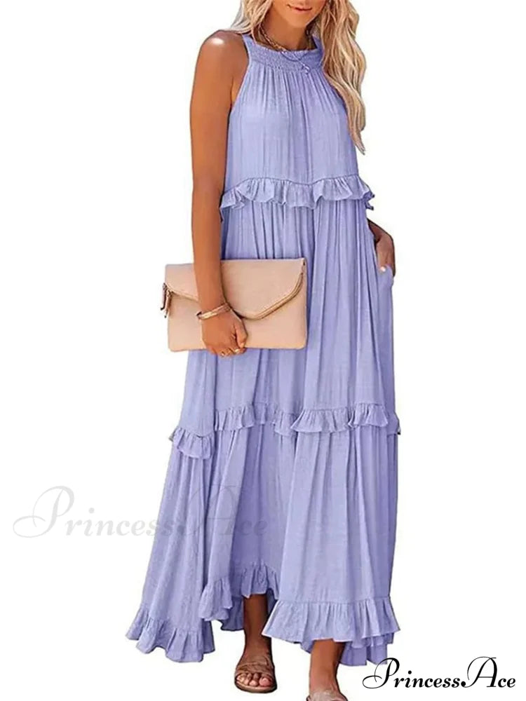 Casual Elegant Ruffle Halter Sleeveless Classic Female Party Outfits Beach Maxi Dress