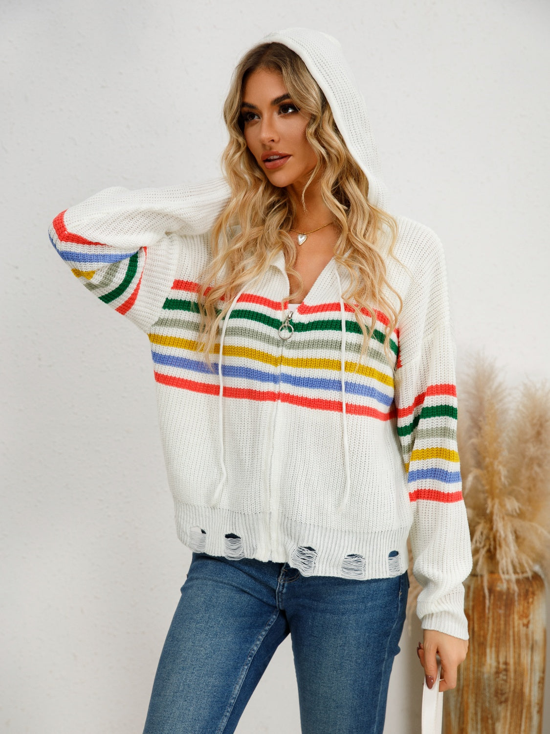 Clara | Striped cardigan with hood and dropped shoulders and drawstring