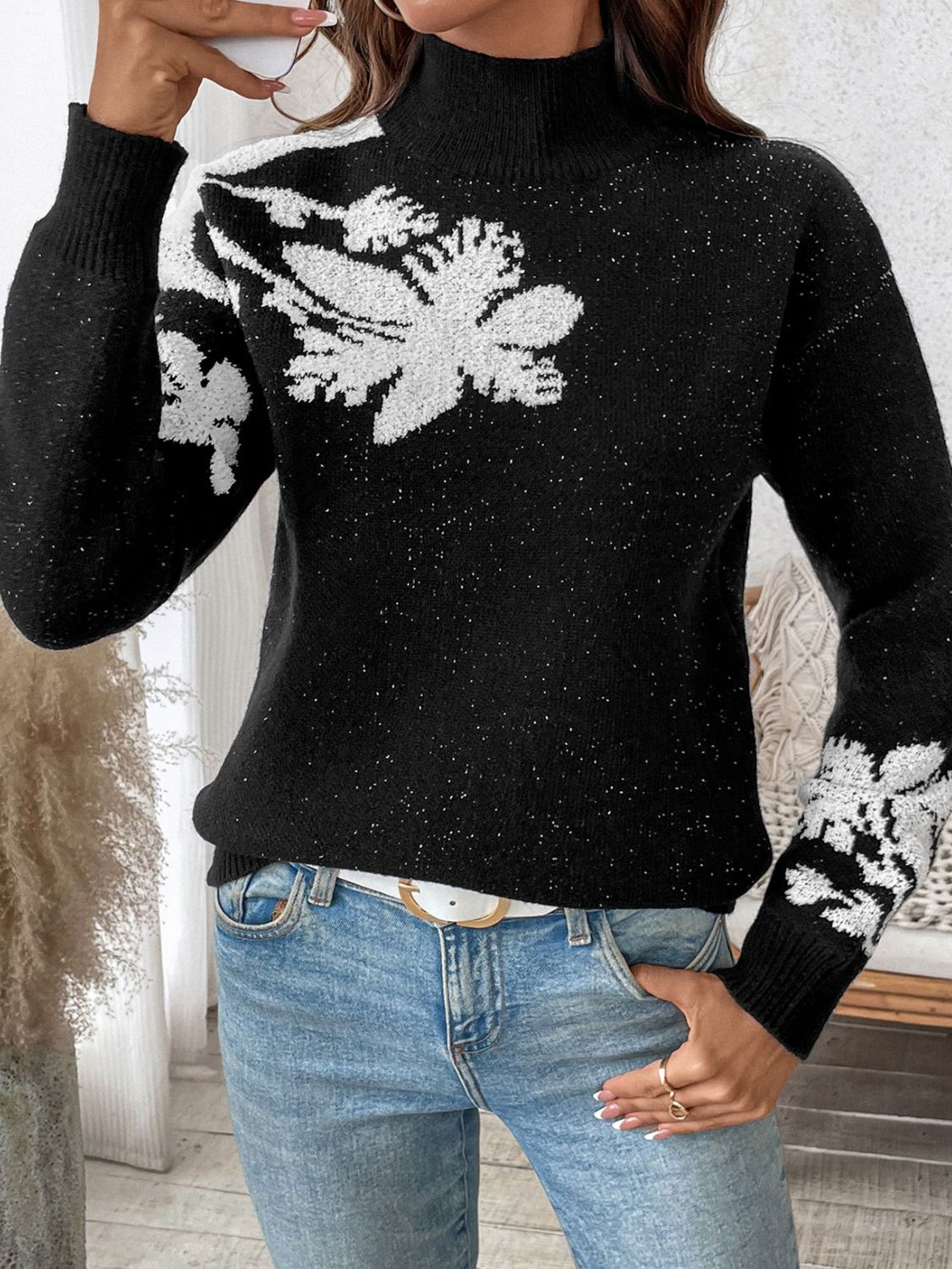 Lisette | Perfee Flower stand-up collar long sleeve sweater