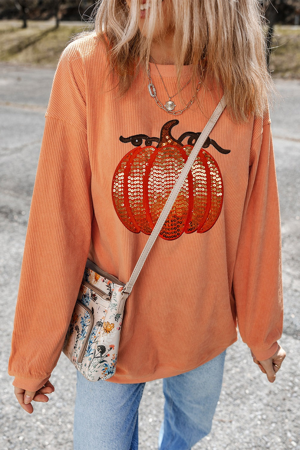 Melina | Long sleeve sequin pumpkin crew neck sweatshirt