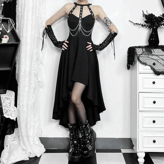 Chains Ornament Halter Swing Midi Dress