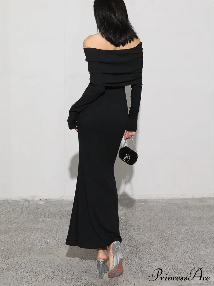 Charcoal Off Shoulder Overfold Modern Long Sleeve Long Dress