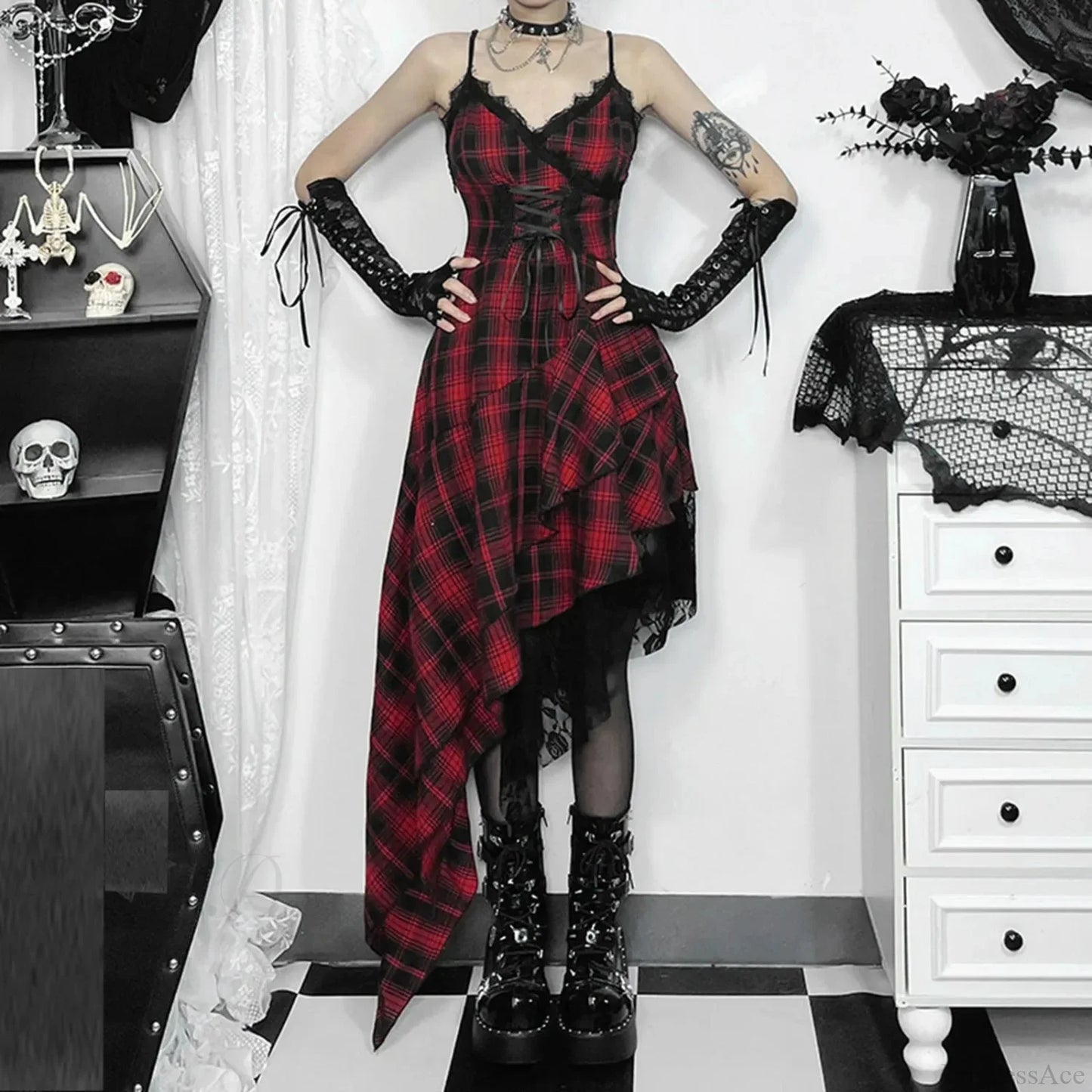 Checkered Suspenders Rebel Rock Midi Dress