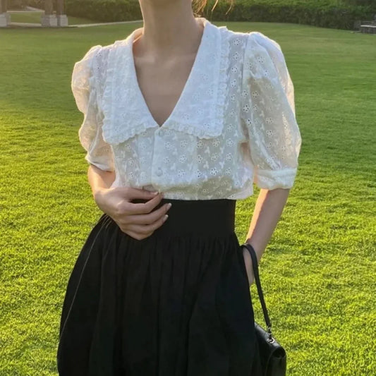 Chic Hollow Lace Puff Sleeve Peter Pan Collar Blouse