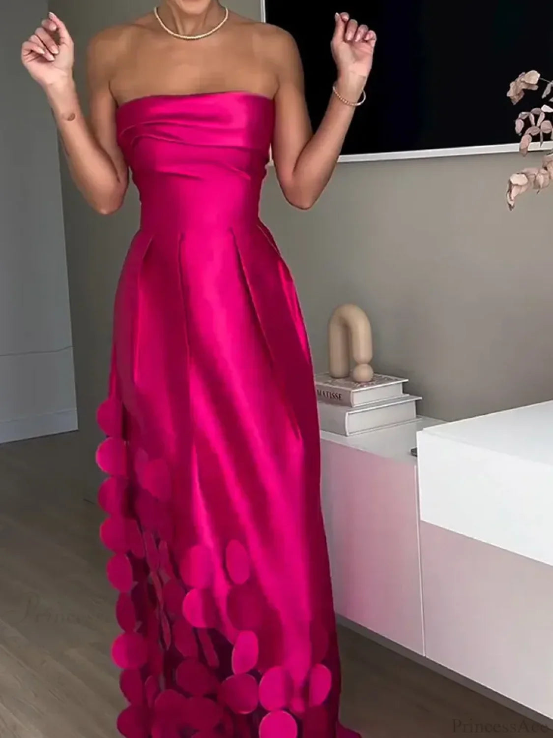 Chic Rose Red Sleeveless Satin Maxi Dress Elegant Backless Pleated Party Dress