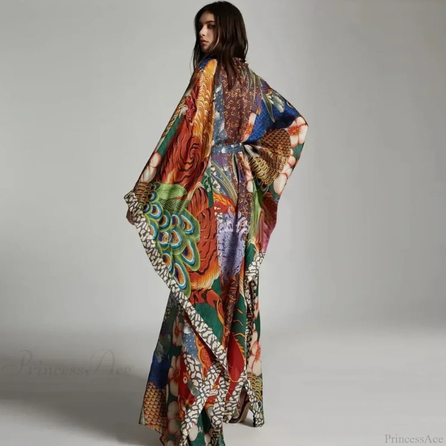Chiffon Ethnic Peacock Pattern Long Cardigan Boho Cover up