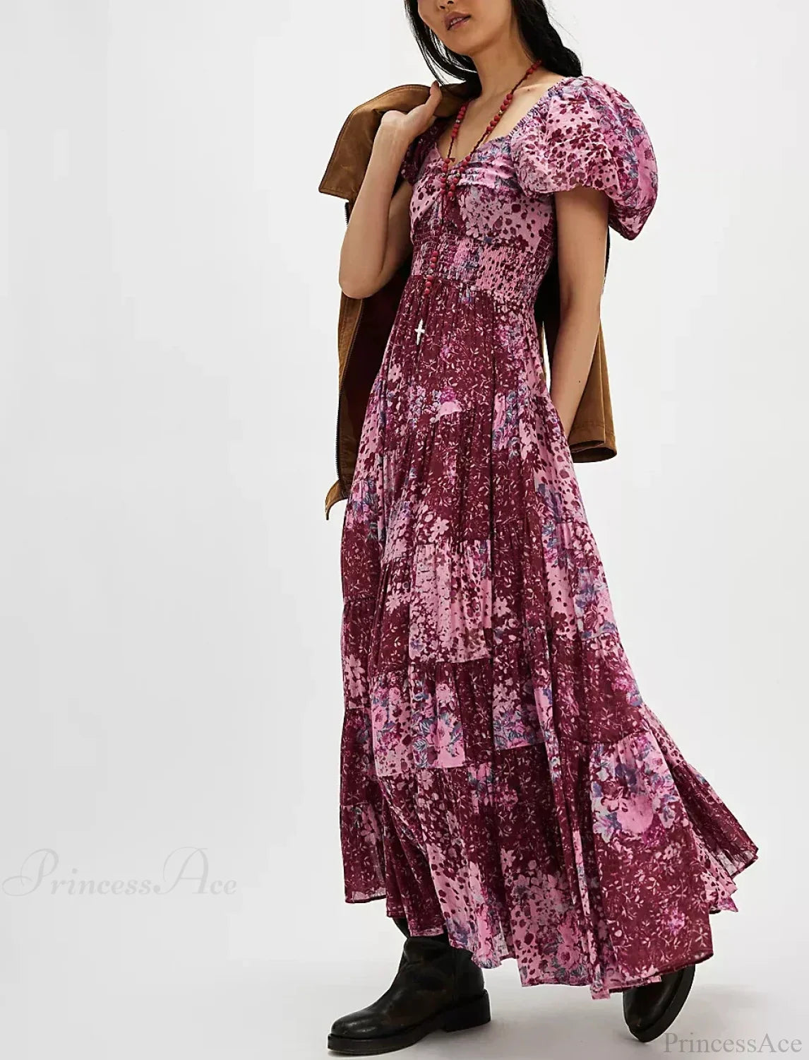 Chiffon Maxi Dress Floral Print Puff Sleeve