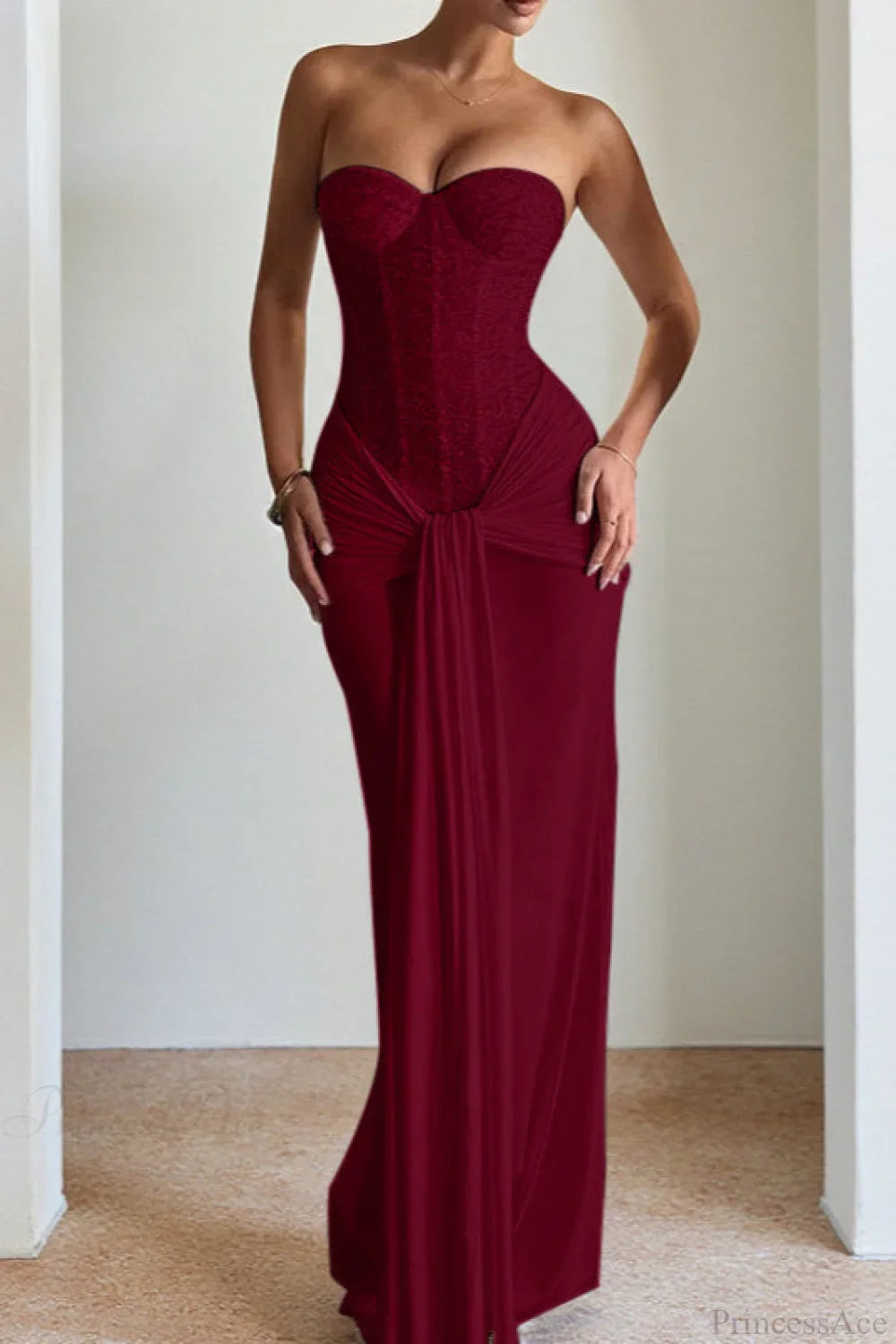 Chiffon Sash Strapless Fitted Maxi Dress