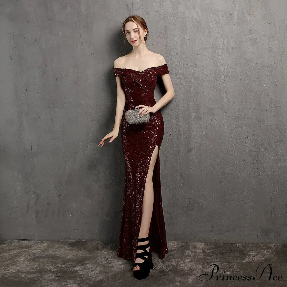 Clara Glitter Off the Graceful Shoulder Split Dress For Prom