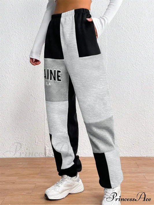 Color Block Jogger Letter Patchwork Print Knitting Casual Slant Pocket Pants