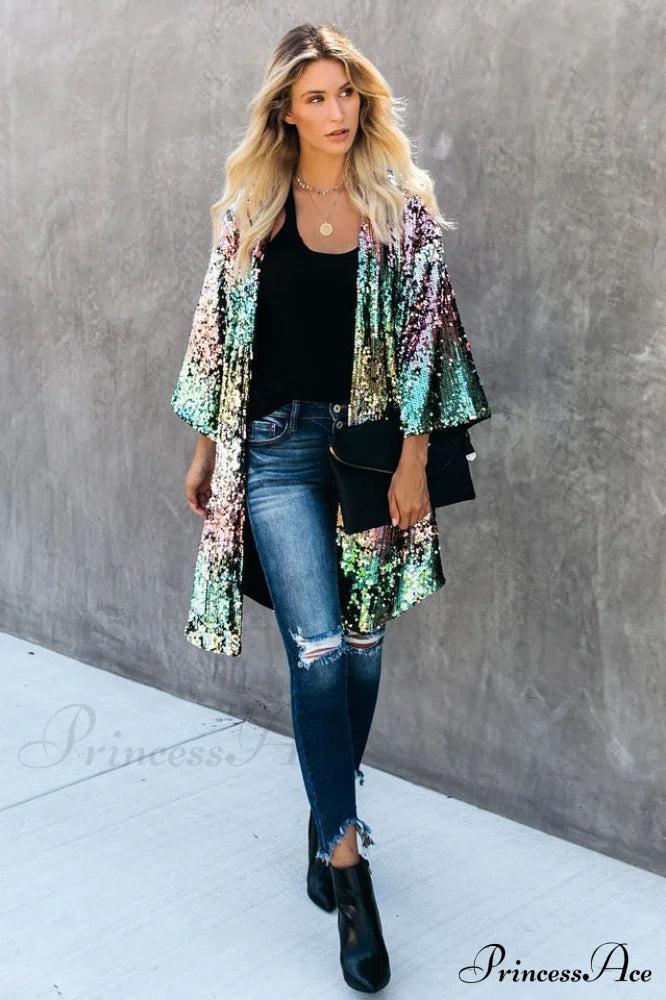 Colorful Mid-Length Stylish Sequin Cardigan