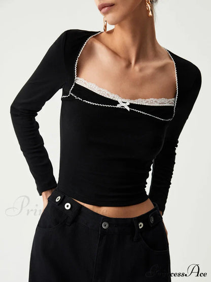 Contrast Trim Lace Trendy Long Sleeve Crop Top
