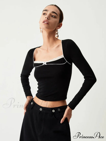 Contrast Trim Lace Trendy Long Sleeve Crop Top