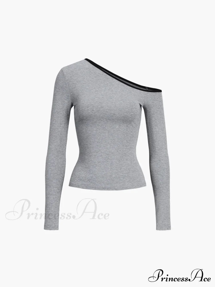 Contrast Trim Off Trendy Shoulder Long Sleeve Shirt