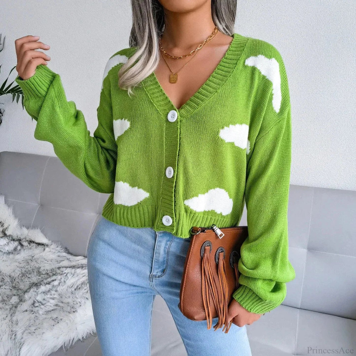 Contrasting Colors V-Neck Knitted Knit Cardigan