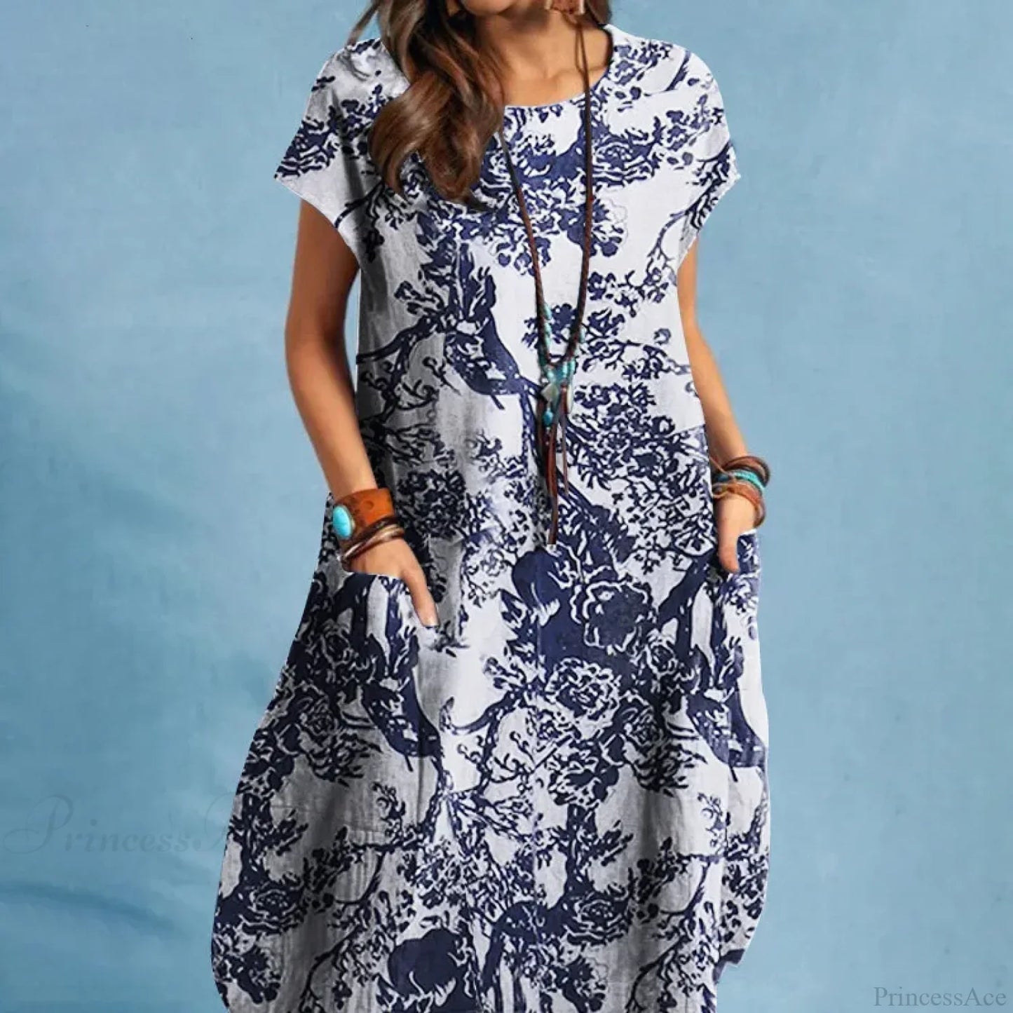 Cotton Linen Loose O-neck Floral Dress
