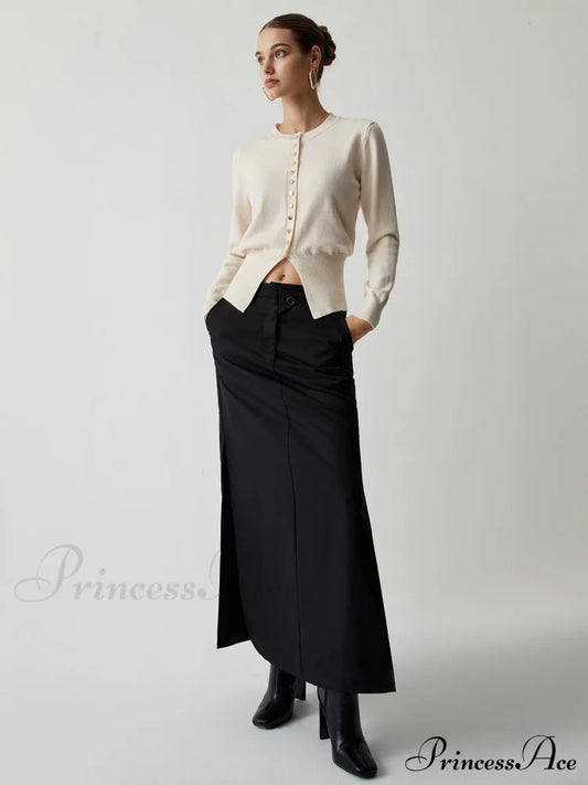 Cream Button Graceful Down Curved Cardigan