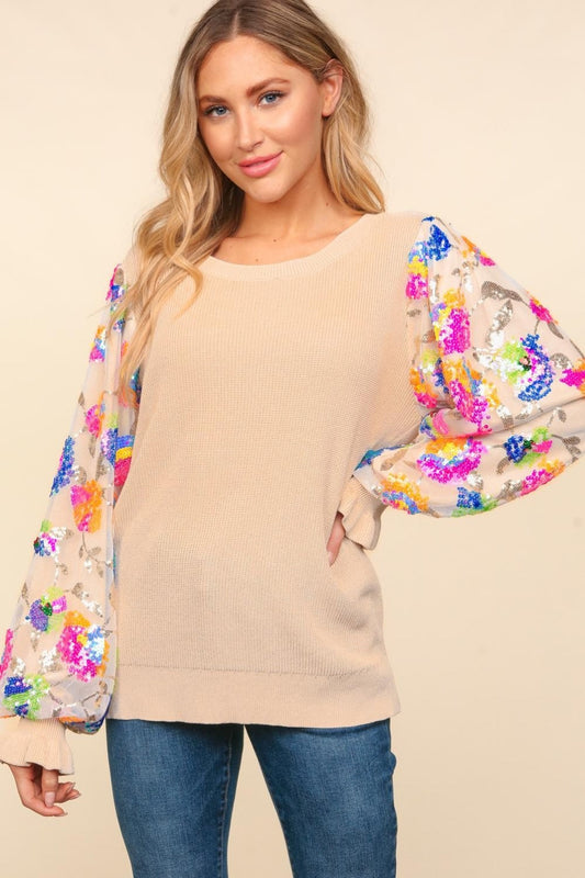Emilia | Haptics sweater with floral sequins, mesh fabric and flounced sleeves