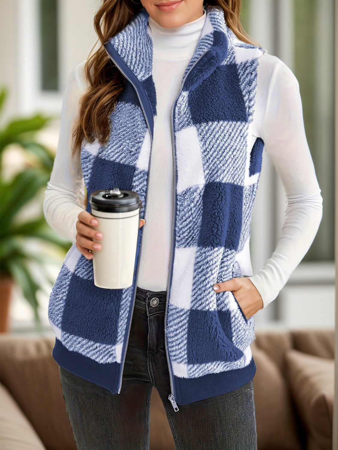 Anja | Full size checked vest coat with pockets