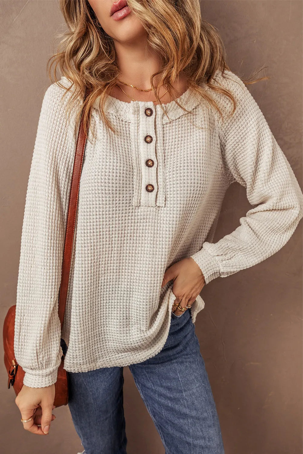 Alina | Half button waffle knit crew neck top