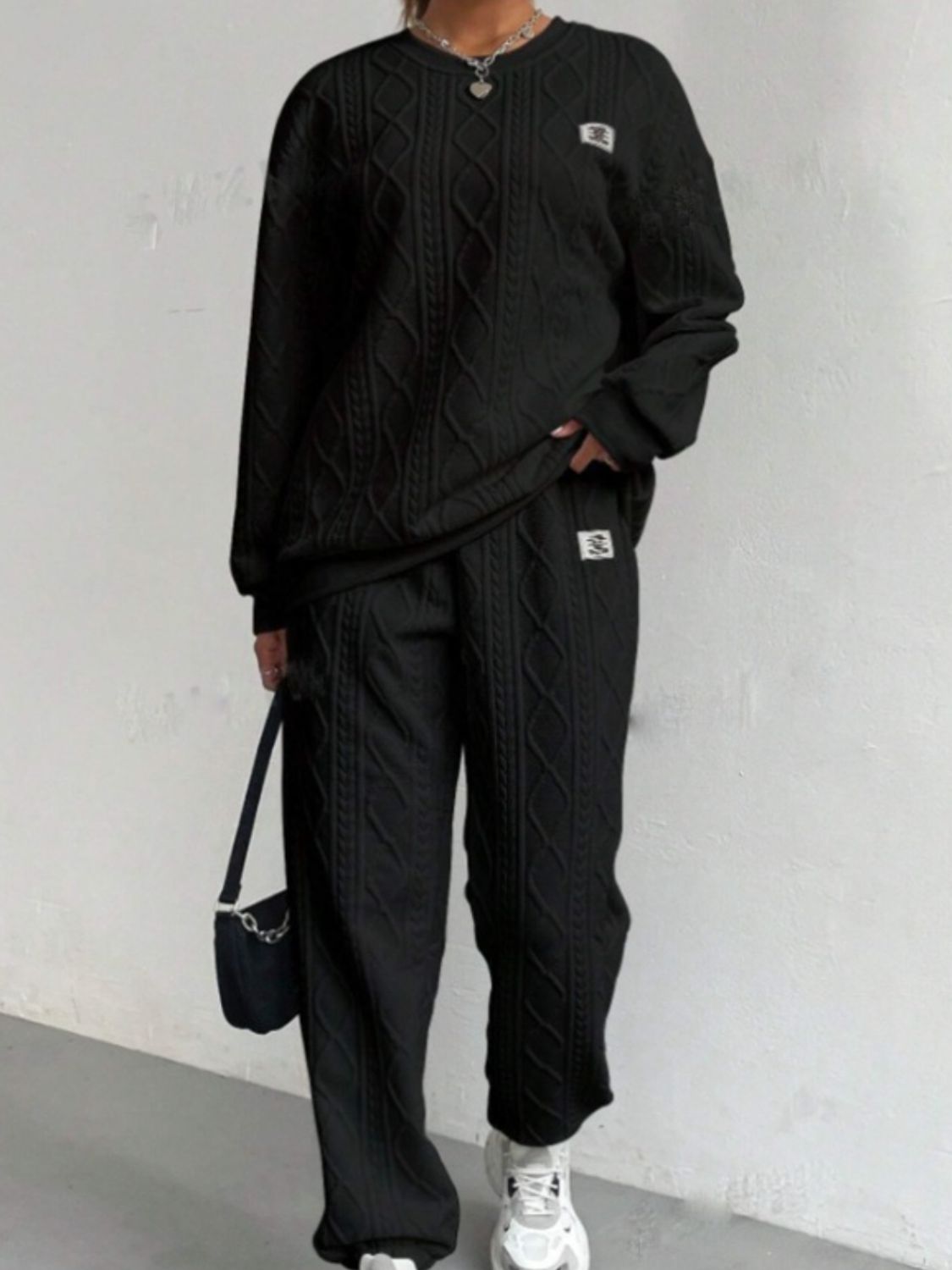 Amelie | Textured crew neck long sleeve top and pants set
