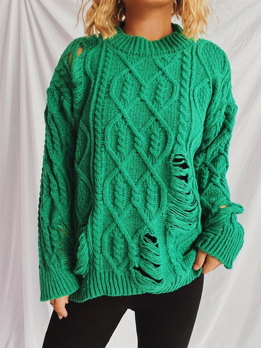 Clara | Long-sleeved, crew-neck, distressed cable-knit sweater