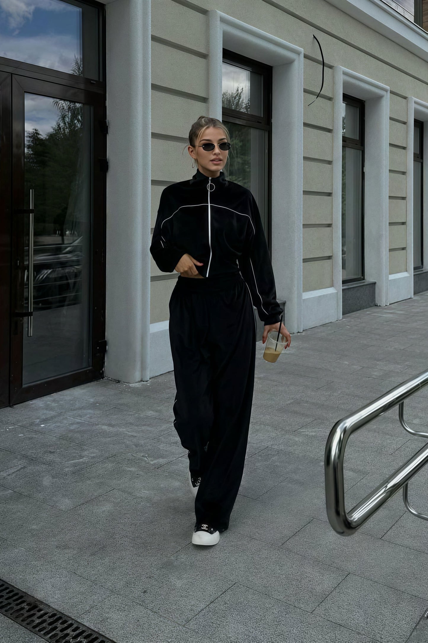 Athletic Velvet Collar Zipper Long Sleeve Two Piece Set