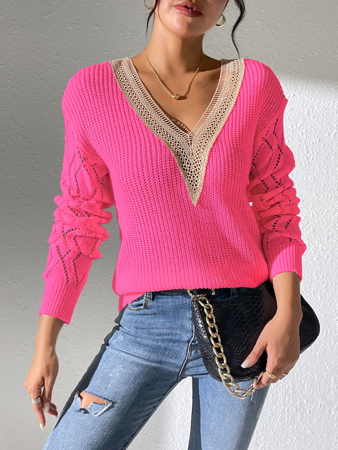 Lucrezia | Openwork sweater with a V-neck and long sleeves