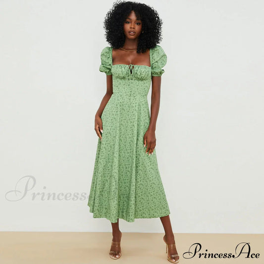 Daisy Printed Puff Sleeve High Slit Sophisticated Smock Maxi Sundress - Dark Yellow