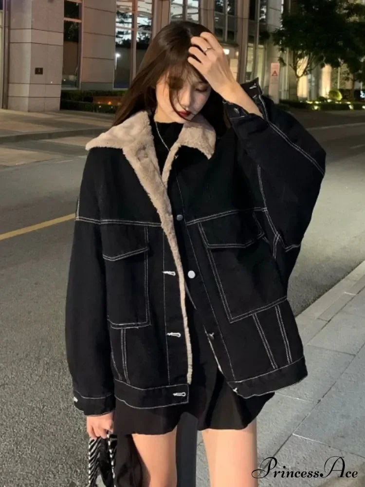 Dark Denim Stylish Fur Lining Jacket